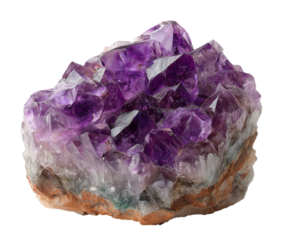 Beautiful amethyst crystal cluster nature mineral isolated on transparent background