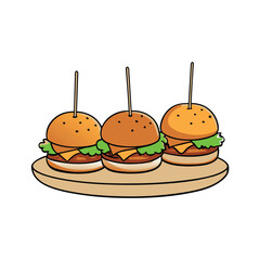 Set of delicious mini slider burgers with assorted fresh toppings and juicy patties presented artistically