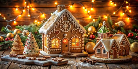 Enchanted Gingerbread Village Illuminated by Festive Lights, Featuring a Charming Gingerbread House, Smaller Gingerbread Structures, and Sweet Gingerbread Trees on a Rustic Wooden Surface