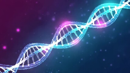 Endless glowing DNA shaped wave spirals vibrant gradient electric pink, cyan deep violet, glowing dots the helix, futuristic sci-fi biotech theme, digital particles scattering softly, seamless looping - Powered by Adobe