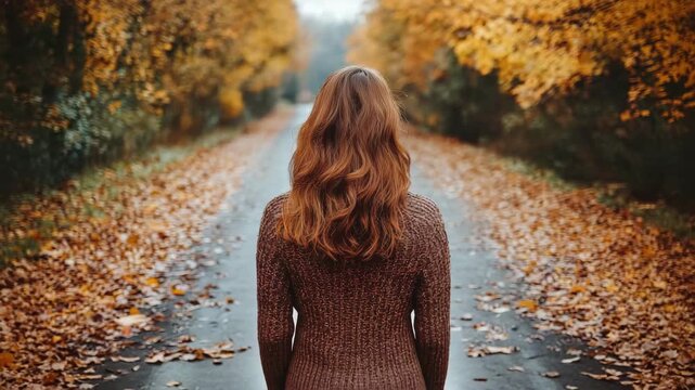 Woman walks along a leaf-covered path in a serene autumn forest surrounded by vibrant orange and yellow foliage