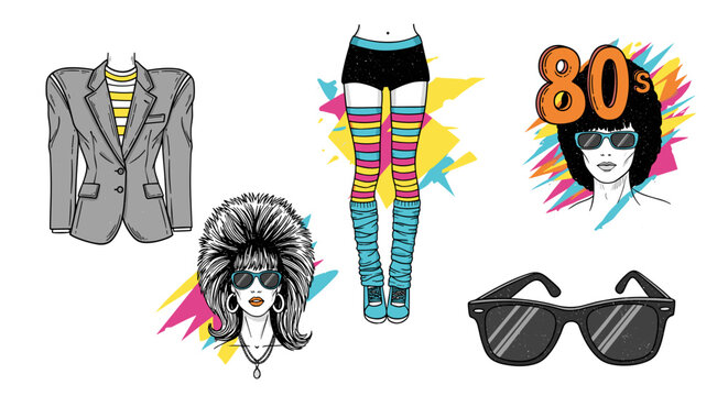 A collection of fashion elements in the style of the eighties era art