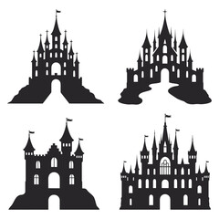 Fototapeta premium Silhouette of majestic castle designs on hills for fairytale fantasy and enchantment silhouette vector illustration white background