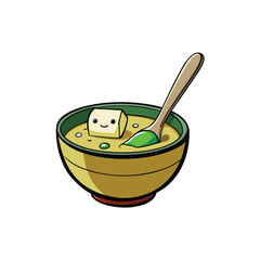 Delicious miso soup bowl with tofu seaweed and spoon illustration for culinary designs