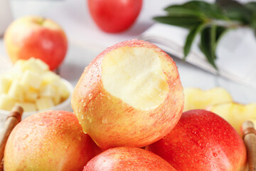 Fresh Red Gala Apples with Peeled Fruit in Wooden Basket - Healthy Organic Food Photography