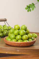 Fresh Green Sichuan Plums in Wicker Basket on Wooden Table - Organic Fruit Display