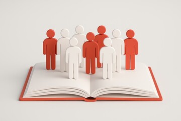 Knowledge Unveiled: A collection of figures, split between two colors, stand on the pages of an open book, a metaphor for learning, insight, and the pursuit of understanding.