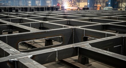 Extensive grid of welded steel submarine hull members resting on supports awaiting final assembly stages.