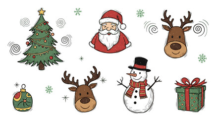 Illustration featuring christmas tree santa reindeer snowman and gift box