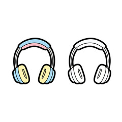 Vector illustration of headphones in two styles soft pastel and clean outline, ideal for digital design related to audio, music, and technology applications