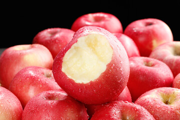 Fresh Red Fuji Apples from Qixia Mountain Showing White Flesh Under Red Skin with Water Drops