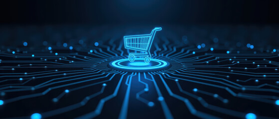 Digital shopping cart icon glowing in network of blue lines, representing e commerce and technology
