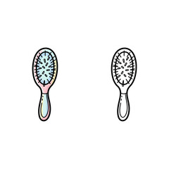 Cute cartoon hairbrush doodle set in color and monochrome line drawing. Isolated vector icons for salon, beauty, and personal care