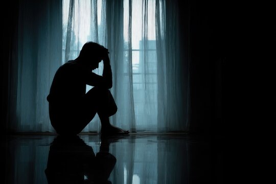 Silhouette of a man in distress, hunched over near a window