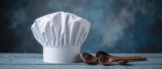 Chef hat cooking utensils wooden spoons kitchen accessories culinary tools food preparation professional chef cooking equipment white hat rustic