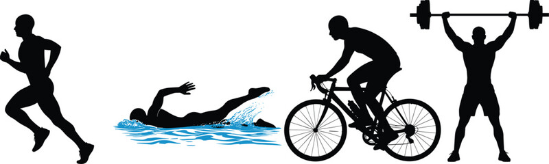 Silhouette athletes running, swimming, cycling, weightlifting, fitness training, triathlon sports, active lifestyle, strength workout, cardio endurance, health motivation.