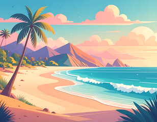 Obraz premium Pixel Art Tropical Beach Sunset Landscape