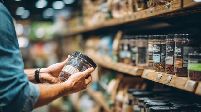 Medium shot of a distributor examining holistic pet food containers with clear focus on the ingredient list blurred shelves filled with various pet products in the background.