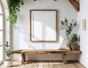 Minimalist Interior with Wooden Bench Frame and Plants.