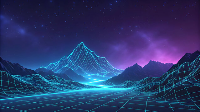 Glowing blue wireframe mountain landscape under a starry purple sky full hd 4k stock image download abstract