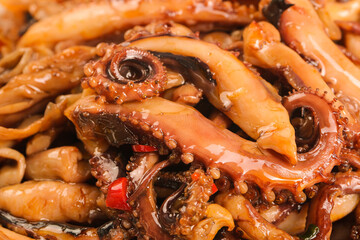 Spicy Cooked Squid Tentacles with Sauce - Fresh Seafood Dish Closeup
