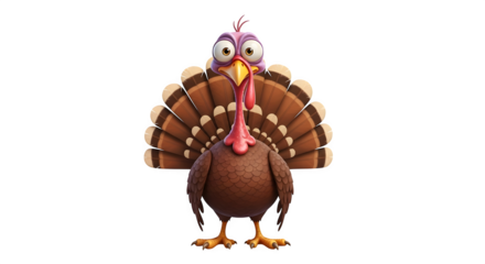 A funny cartoon turkey with its tail feathers spread wide.