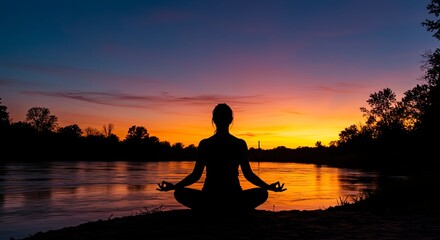 Fototapeta premium Serene Yoga Silhouette: Woman Meditating at Sunset by Reflective River