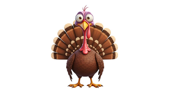 A funny cartoon turkey with its tail feathers spread wide.