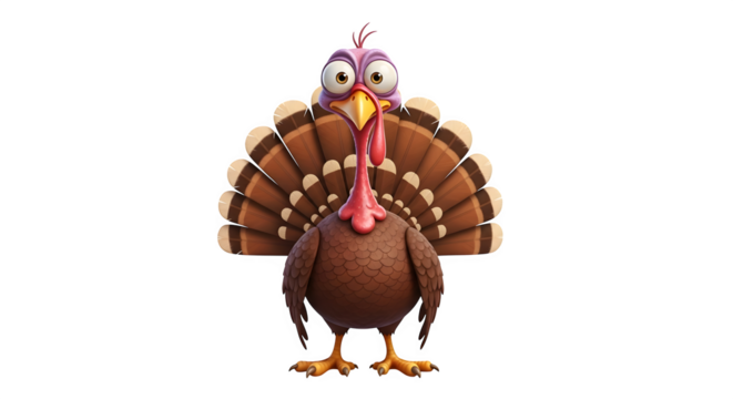 A funny cartoon turkey with its tail feathers spread wide. - Powered by Adobe