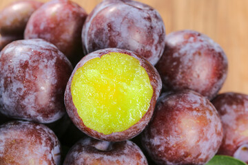 Fresh Ripe Plums with Green Flesh - Natural Organic Stone Fruit Close-up