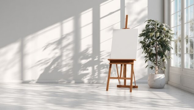 Empty easel against a white wall, sunlit room