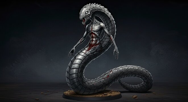 Serpentine Horror: A Dark Fantasy Creature Render, Detailed Anatomy, Metallic Scales, Gory Detail - Powered by Adobe