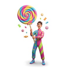 Fototapeta premium A Happy Man in a Colorful Jumpsuit Holding a Giant Swirl Lollipop
