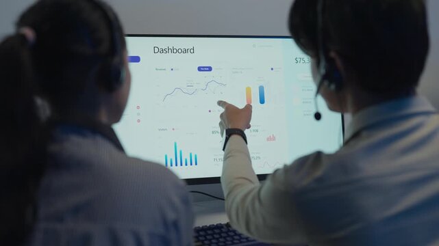 Customer support team collaborating on desktop computer, providing advice and dashboard monitoring call center operations.