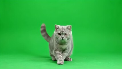 Cute grey cat walking on green screen. Isolated pet animal for chroma key compositing, studio shot.