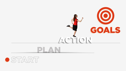 Creative artwork. Businesswoman running from start to goals with action and plan. Concept of...
