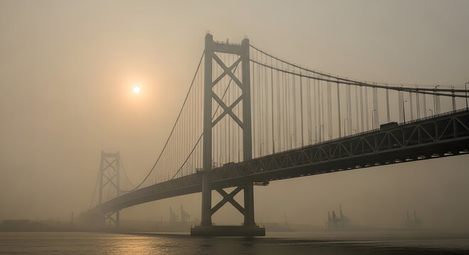 hazy suspension bridge over water at sunrise