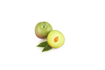 Fresh Green Plums Cut in Half Showing Pit with Leaves Isolated on White Background
