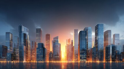 Fototapeta premium The golden light of sunrise spills between tall glass buildings, its reflection adding a peaceful strength to the modern urban skyline.