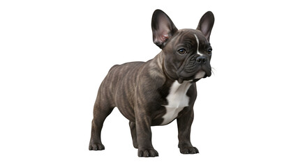 Adorable brindle French Bulldog puppy standing on a white background.