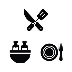 Black silhouette icons of crossed kitchen utensils bowl with bottles and plate with fork white