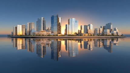 Obraz premium The golden light of sunrise spills between tall glass buildings, its reflection adding a peaceful strength to the modern urban skyline.