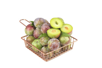 Fresh Sichuan Plums in Copper Basket - Crisp Red and Green Stone Fruit for May Picking Season