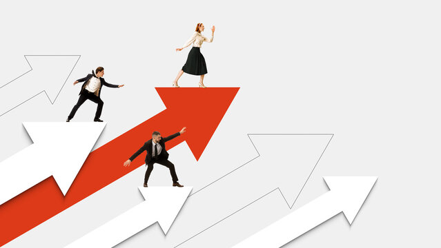 Composition with business team climbing arrows to reach leadership and success. Concept of teamwork, corporate growth, motivation, business achievement, and professional ambition with strong emotion.