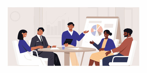 Diverse team of professionals collaborating in a modern office meeting discussing a pie chart presentation