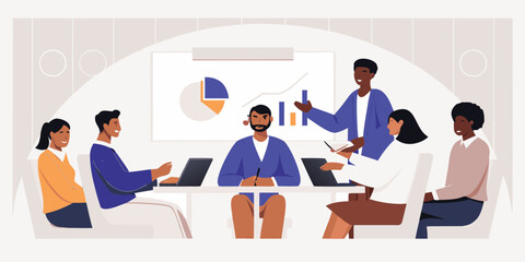 Diverse business team collaborating in a modern office meeting room with charts on a whiteboard