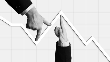 Minimalist creative collage. Hands shaping falling business graph into recovery direction. Concept of financial crisis, market stability, teamwork, and emotional resilience.