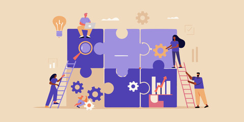 Diverse team collaborating to solve complex puzzle pieces and achieve business growth with data analysis