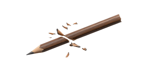 Broken wooden pencil with shattered pieces on black background