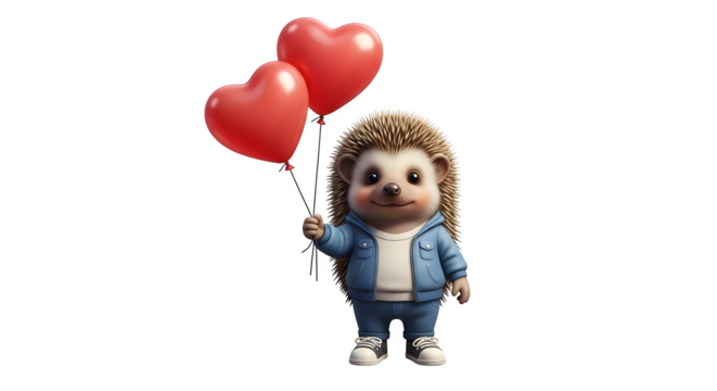 Adorable cartoon hedgehog holding red heart balloons for Valentines Day.